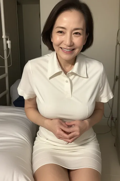 masterpiece, best quality, 16K, hospital, operating room, old woman, interior photo, glad, smiling, standing, front view, long hair, ponytail, black hair, eyes open, (large breasts:1.32), (wrinkles corners eyes:1.32), (nasolabial:1.32), (old skin:1.32), fr...