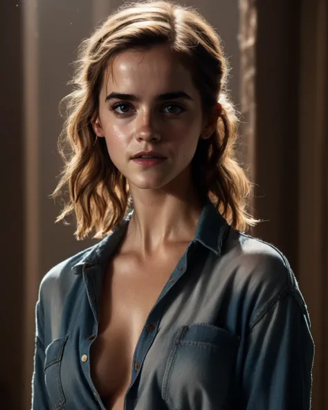 Emma Watson,((wearing nothing, naked)), outdoor, denim, oversized t-shirt, ((sharp face, detailed face, realistic face, naturtal skin, realistic skin, detailed skin, pores)), ((perfect eyes, detailed eyes,realistic eyes)), (masterpiece, best quality, ultra...