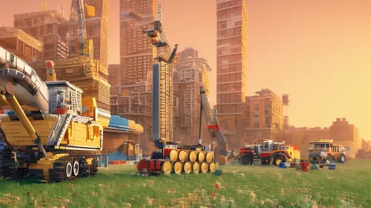 big lego pieces, big lego bricks, there are many construction equipment that are on the grass, construction, construction yard, ...