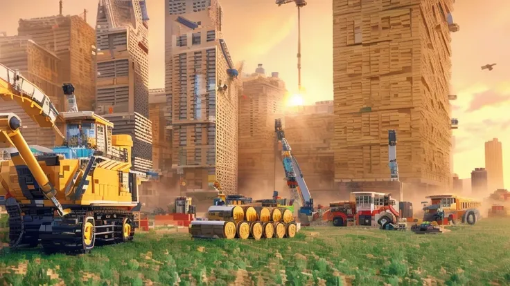 big lego pieces, big lego bricks, there are many construction equipment that are on the grass, construction, construction yard, ...