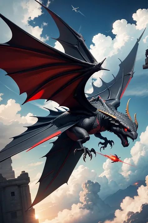 flying black wyvern with red eyes in the sky