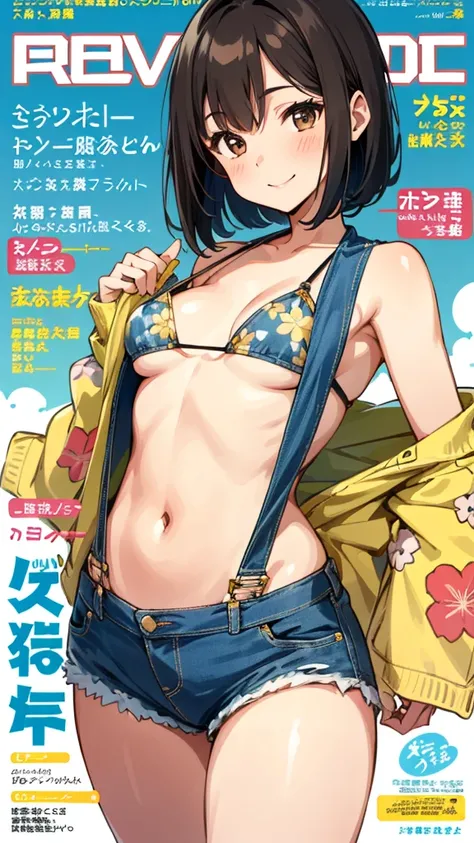 Highly detailed, vibrant color, detailed skin, detailed fabric, detailed eyes. Brown haired young woman, beautiful, gorgeous, mature, bob hair, brown eyes, small to medium breasts, smiling, gravure magazine cover, floral bikini, denim shorts, denim overall...