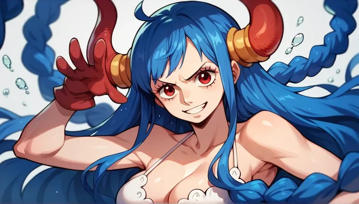 female character from one piece with very long blue hair and very red eyes with water powers 