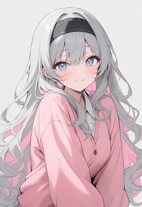 Simple Background,masterpiece,Highest quality,woman,smile,Wavy long hair,(Gray Hair),(Pink inner color),Cute eyes,(Beautiful light blue eyes),Pink Cardigan、Black headband、