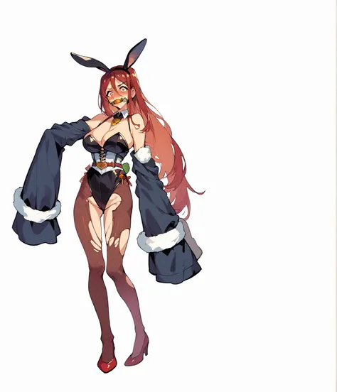 Kangxi, game concept art, red high heels, Torn brown fishnet stockings, bunny girl, yellow amulet, Carrot-shaped gag, Red long straight hair, white belt, white corset, The whole face is blushing, big tits