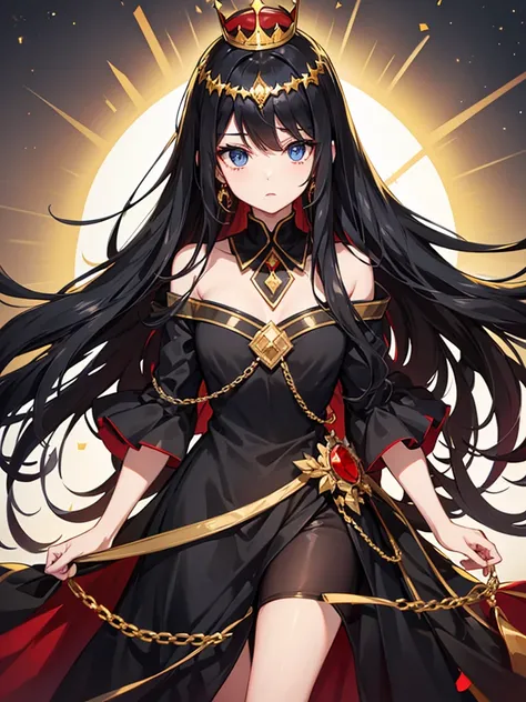 Long black hair
Blue eyes
Long, red and gold dress 
Light-skinned 
With a crown 