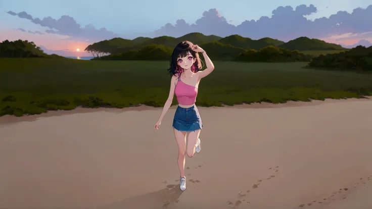 realistic anime illustration of a beautiful young woman on daylight beach, smiling and seeing sunset, she wearing pink one shoulder strap top, denim mini skirt and white sneakers, beautiful detailed eyes, beautiful detailed lips, extremely detailed eyes an...