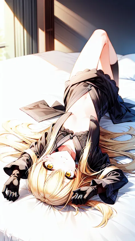 1girl, long hair, blonde hair, yellow eyes, lying, black gloves, looking at viewer, smile, lying on bed