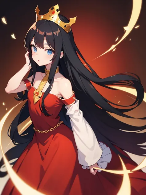 Long black hair
Blue eyes
Long, red and gold dress 
Light-skinned 
With a crown 