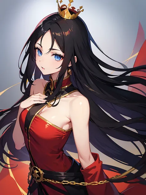 Long black hair
Blue eyes
Long, red and gold dress 
Light-skinned 
With a crown 