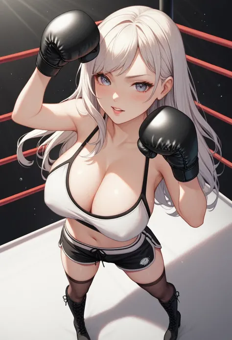 A slim beautiful girl,Good shape,Pretty Face,detailed picture, blush,White long hair,Wearing a white strapless sports bra,Four-corner shorts,Black garter stockings,high-heel boots,Wearing black boxing gloves,Wearing black sleeves,Perform standing boxing mo...