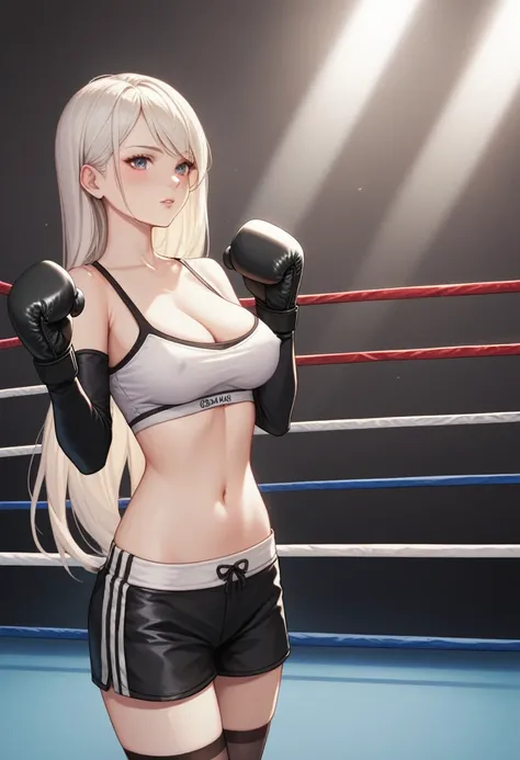 A slim beautiful girl,Good shape,Pretty Face,detailed picture, blush,White long hair,Wearing a white strapless sports bra,Four-corner shorts,Black garter stockings,high-heel boots,Wearing black boxing gloves,Wearing black sleeves,Perform standing boxing mo...