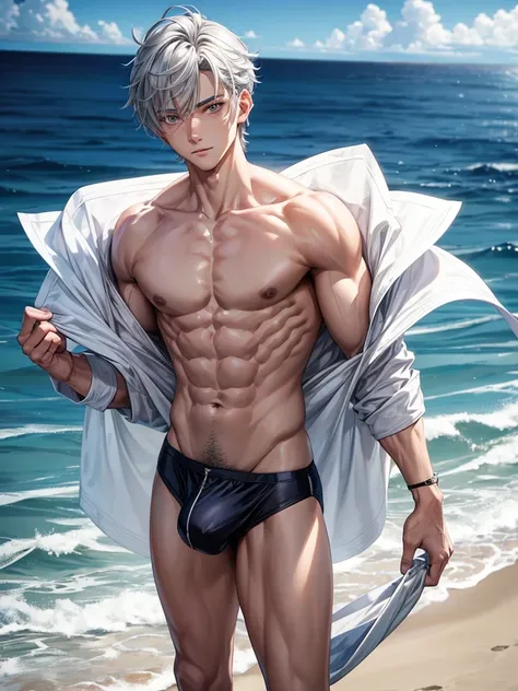 bishonen man 59 fee tall, masculine, slim, with short grey mullet hair, glowing grey iris, shirtless, tight fitted white sheer speedo with defined outline. make his bulge and skin tone visible through the sheer brief. flying 50 feet above a beach.