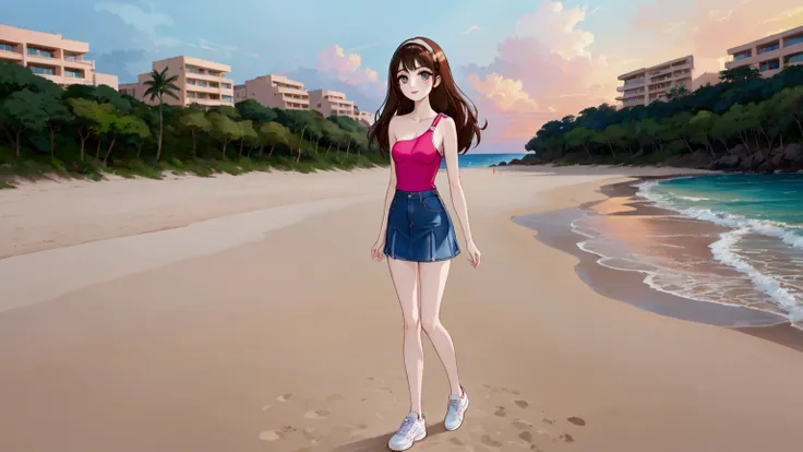 realistic anime illustration of a beautiful young woman on daylight beach, smiling and seeing sunset, she wearing pink one shoulder strap top, denim mini skirt and white sneakers, beautiful detailed eyes, beautiful detailed lips, extremely detailed eyes an...