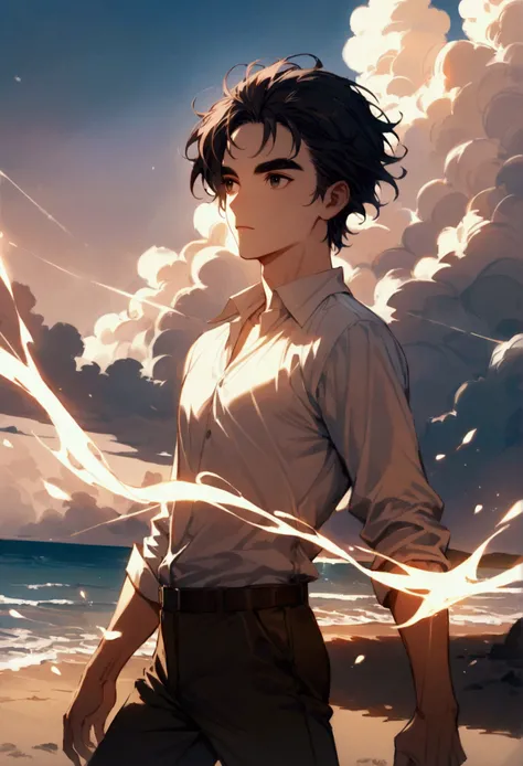 a guy with short black hair, black eyes, western face, dark eyebrows, white skin, wearing a white shirt and trousers. stand on the beach and look into the distance.