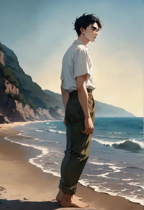 a guy with short black hair, black eyes, western face, dark eyebrows, white skin, wearing a white shirt and trousers. stand on the beach and look into the distance.