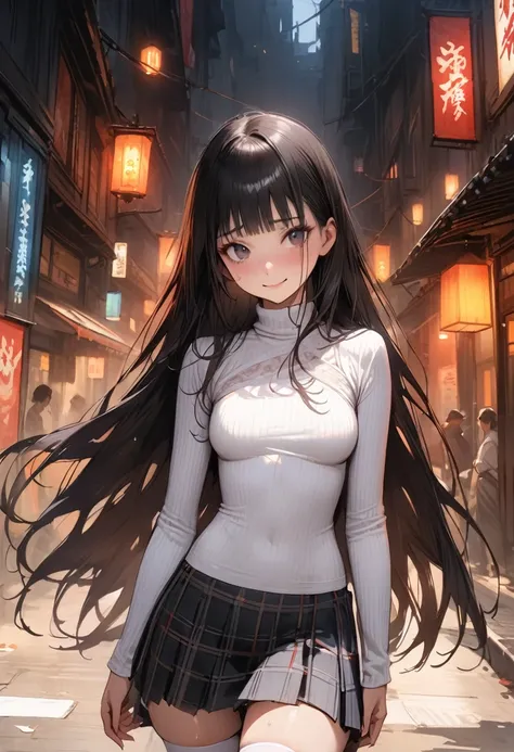 ((masterpiece,Highest quality:1.3,best quality illustration)),realistic,cowboy shot,独奏,1woman,(18 year old beauty),black hair,long hair,bangs,black eyes,gorgeous big eyes,((very small head:1.3)),shy,smile,((very long body:1.2,skinny)),medium breasts,(turtl...