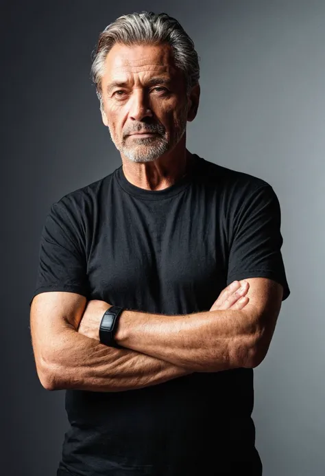 A 55 year old man, of robust build, he wears a black t-shirt, is standing , whole body