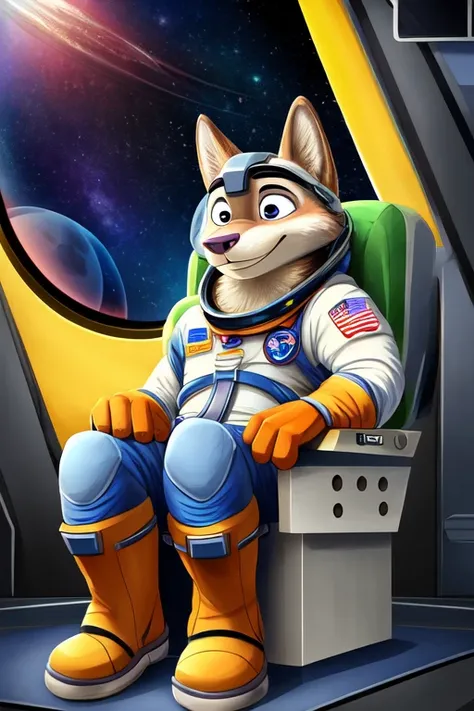 Furry male wolf astronaut. Wearing his spacesuit, with his helmet, gloves and boots on. Strapped in his launchseat in the crew capsule. Waiting for the rocket launch. The Countdown has already started. Zootopia style.