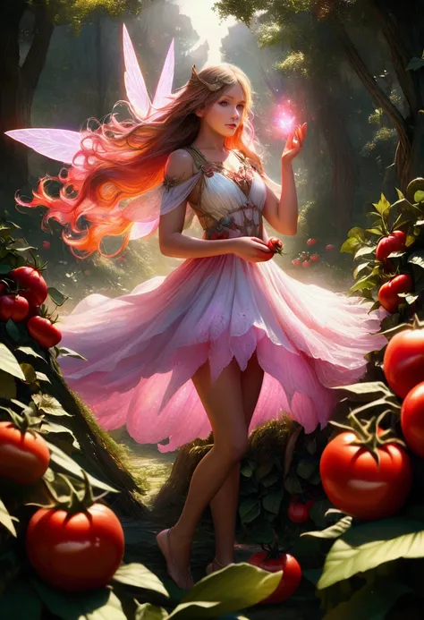 a fairy flying over a pile of red tomatoes, holding one tomato in her hand, fantasy, highly detailed, 8k, hyper realistic, photorealistic, dramatic lighting, vibrant colors, intricate details, delicate fairy, whimsical, ethereal, magical realism, lush vege...