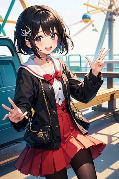 Highest quality、front、Black Hair、Iris、short hair、girl、cute、16 years old、、Small hair ornament、1 person、one piece、Long sleeve、mini skirt、Black pantyhose、amusement park、Date、Excited、A happy smile、Happy expression