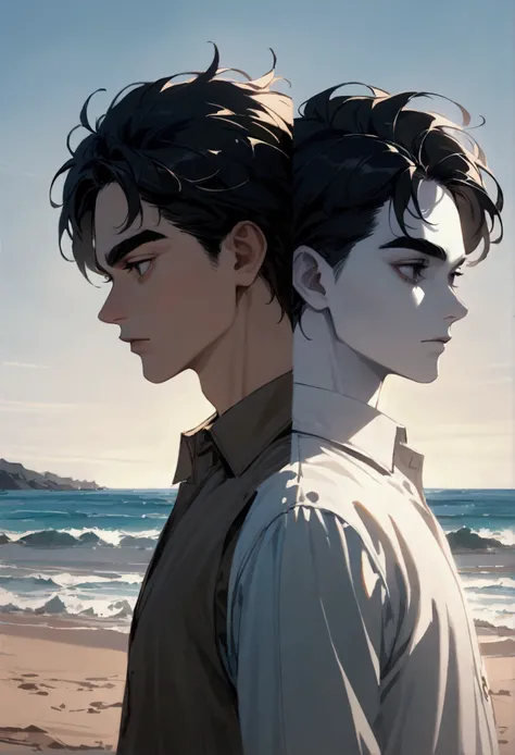 a guy with short black hair, black eyes, western face, dark eyebrows, white skin, wearing a white shirt and trousers. stand on the beach and look into the distance.