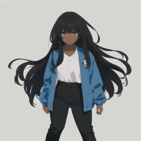 Masterpiece, of the highest quality,1 girl,Dark skin,BROWN SKIN,long black hair,eye hidden by bangs,hair covering left eye,loose hair,green eyes,Blue jacket,White shirt,Black pants,blue shoes,