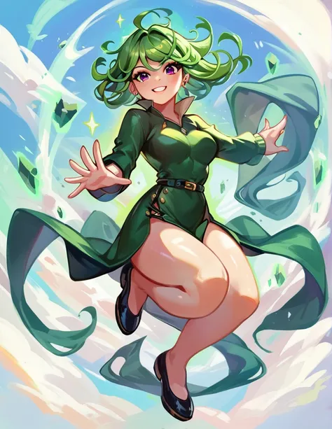 A picture of a young woman, big breast, light smile, full portrait, floating in the air with a green aura