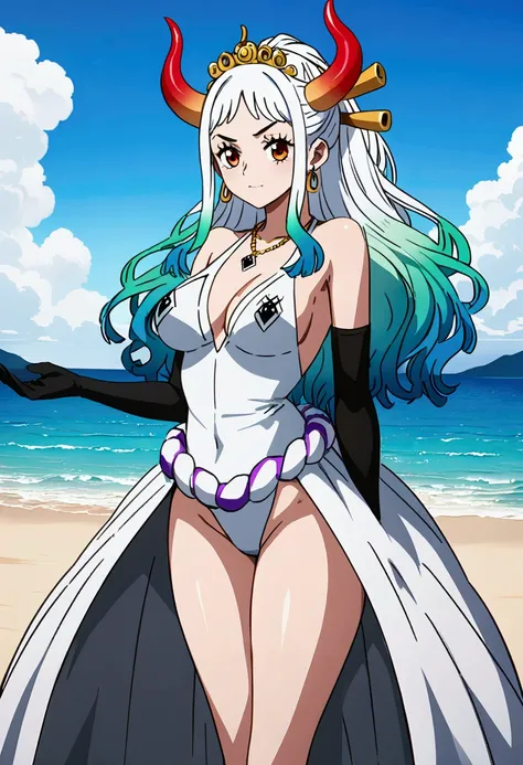 yamato (one piece)
long hair,multiclored hair,oni,horn, modeling at a beach resort setting, adorned in a form fitting satin a line wedding dress  Crowning her head is a tiara and a veil while diamond earrings and necklace sparkle in contrast with the white...