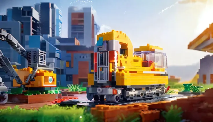 big lego bricks, there are many construction equipment that are on the grass, construction, construction yard, construction site...