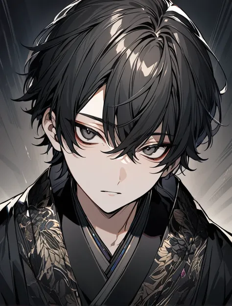 (black_hair), (short_hair), (deep_black_eyes), (Handsome), (Attractive), (male), (black_colored_kimono), (detailed_Hair), (detailed), (detailed_mouth), (Teenager), (dark_under_eyes), (gem_like_eyes)