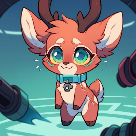 cute，furry，Collar，Tail, red deer, black antlers, small tail, chibi, , cute, fawn spots, begging, red fur, cyan eyes, red, red black and cyan color scheme, cyberpunk, cyberpunk deer, technology, glowing cyan spots,