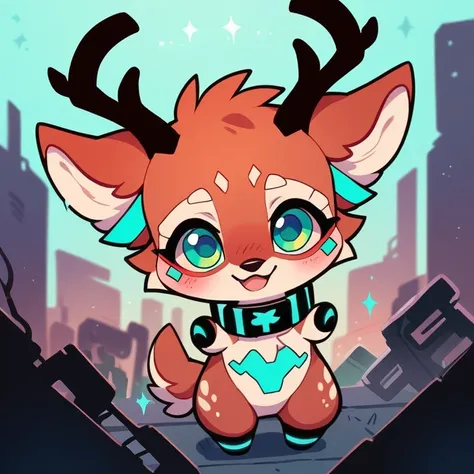 cute，furry，Collar，Tail, red deer, black antlers, small tail, chibi, , cute, fawn spots, begging, red fur, cyan eyes, red, red black and cyan color scheme, cyberpunk, cyberpunk deer, technology, glowing cyan spots,