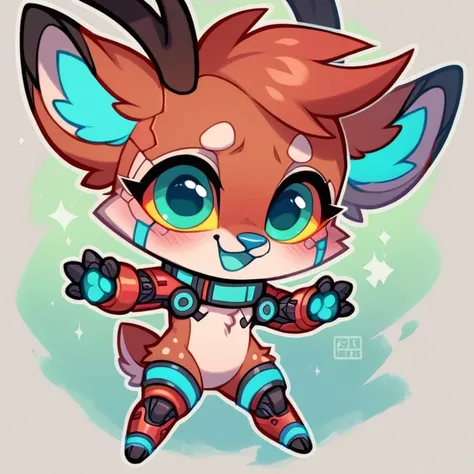 cute，furry，Collar，Tail, red deer, black antlers, small tail, chibi, , cute, fawn spots, begging, red fur, cyan eyes, red, red black and cyan color scheme, cyberpunk, cyberpunk deer, technology, glowing cyan spots,