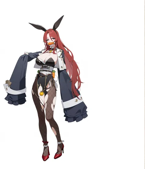 Kangxi, game concept art, red high heels, Torn brown fishnet stockings, bunny girl, yellow amulet, Carrot-shaped gag, Red long straight hair, white belt, white corset, big tits, half closed eyes, dark circles