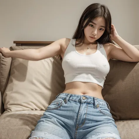 Cute young Korean girl in white wool crop top with visual big belly in really tight jean shorts