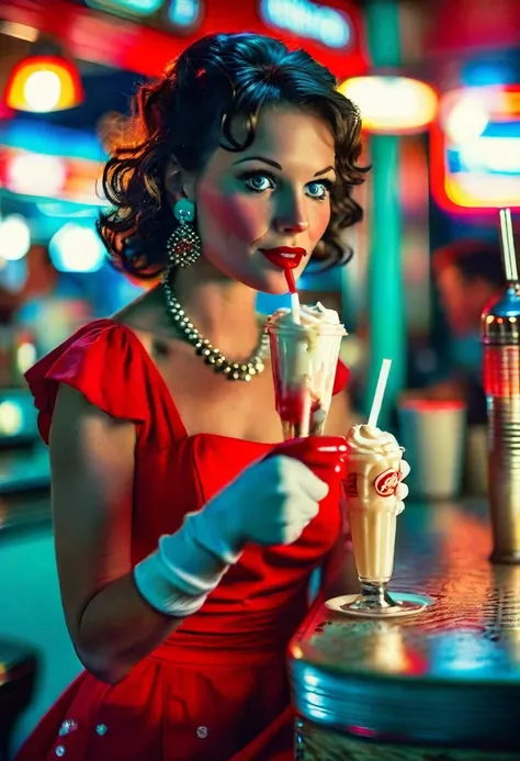 a pretty woman in an elegant red dress and long white gloves, sitting at a retro diner, sipping a milkshake through a straw, gaz...