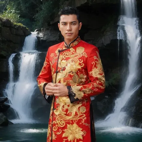 Haraf man, a Southeast Asian man with a round face., Mohawk hair, The face is bright and shiny., Double eyelids, Big eyes, black eyes, has exceptionally black hair, pitch black, In the background is a large waterfall., The evening sun shines beautifully., ...