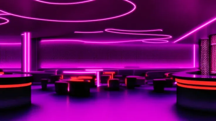 Illustration of a large bar with lots of pink lights, Dance Stage，大型Nightclub dancing inspired, ibiza Nightclub dancing inspired, cyberpunk Nightclub, sci-fi Nightclub, Nightclub, Nightclubs and neons, Nightclub, Futuristic Background, futuristic casino, 3...