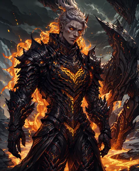 a young man with white hair, piercing yellow eyes, wearing black infernal armor, intricate details, hyper-realistic, dramatic lighting, ethereal, cinematic, dark fantasy, dramatic shadows, moody atmosphere