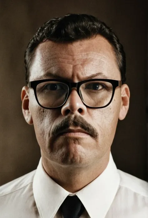 a highly realistic, raw portrait of a man wearing glasses inspired by a vintage photograph. he has a neatly groomed mustache and...