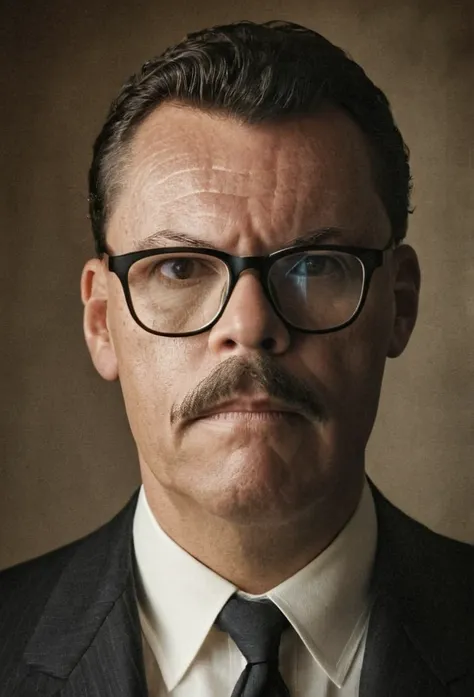 a highly realistic, raw portrait of a man wearing glasses inspired by a vintage photograph. he has a neatly groomed mustache and...