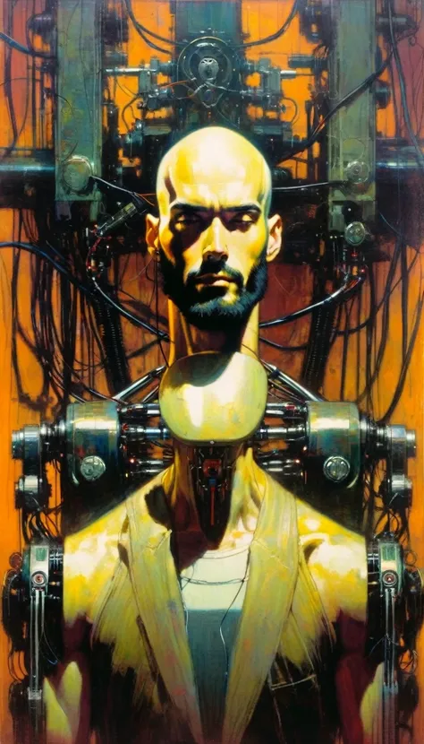 bald young man with black beard and very thin, robotic arms, robotic parts, plugged into machinery, recharging, (art inspired by Bill Sienkiewicz). oil painting) 