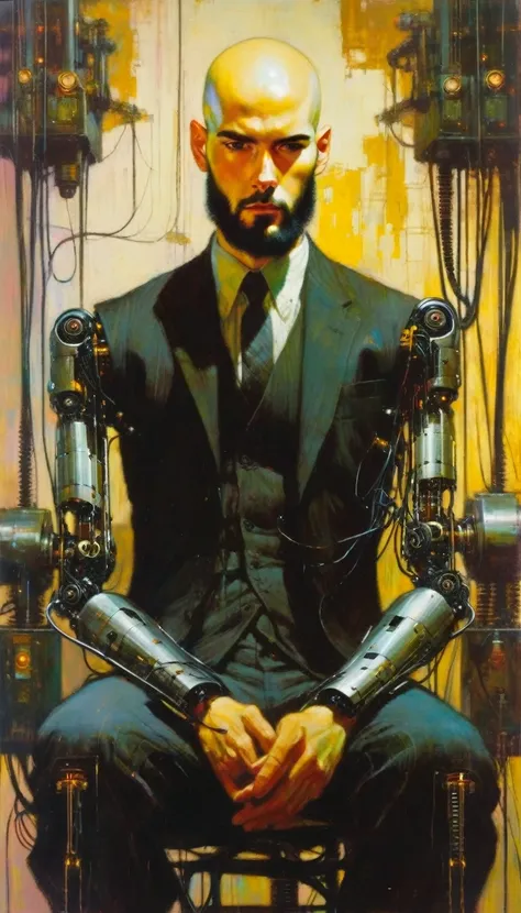 bald young man with black beard and very thin, robotic arms, robotic parts, plugged into machinery, recharging, (art inspired by Bill Sienkiewicz). oil painting) 