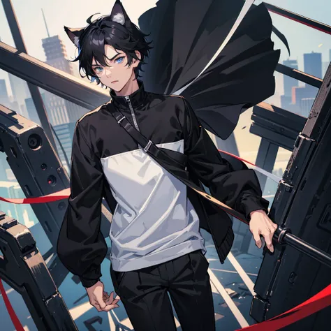 1cat boy, anime cat boy with black cat ears black hair and black pants and a black jacket, blue eyes, city, absurdres, high res, ultrasharp, 8K, masterpiece, looking at viewer