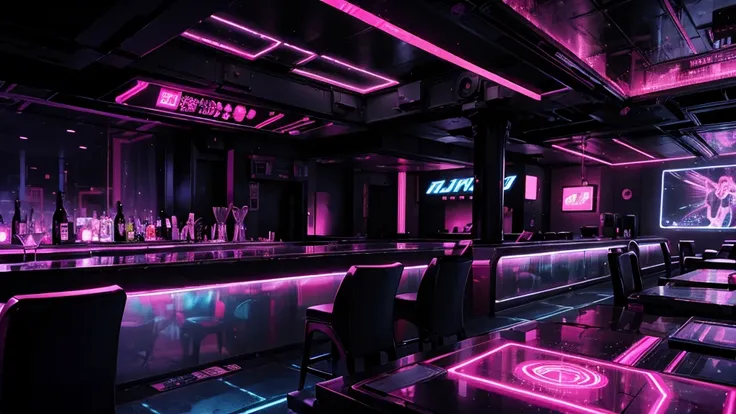 illustration of a large bar with lots of pink lights, dance stage，大型nightclub dancing inspired, ibiza nightclub dancing inspired...