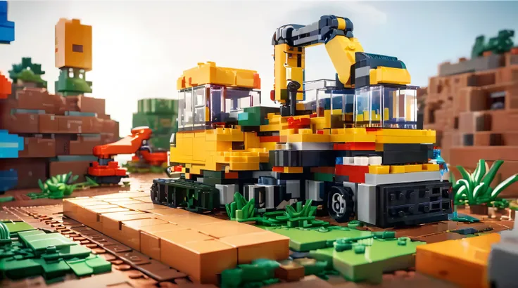 lego contruction, contruction bricks, big lego pieces, big lego bricks, there are many construction equipment that are on the gr...