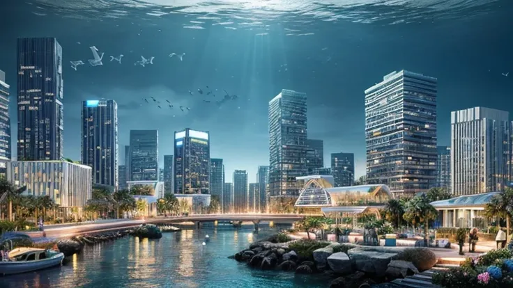 Hyper-realistic digital painting of a futuristic underwater metropolis. Skyscrapers made of glass and bioluminescent materials rise from the ocean floor, connected by transparent tunnels through which people and vehicles travel. Schools of colorful fish an...