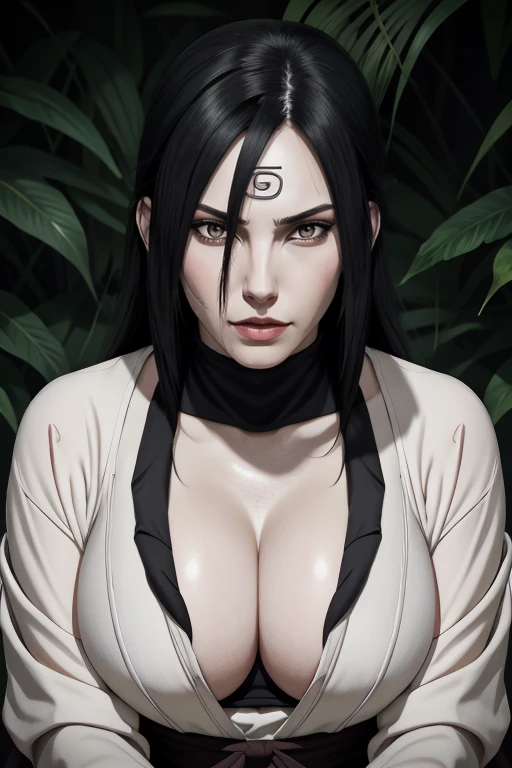 {-erro_de_anatomia:1.0} estilo anime, Masterpiece, absurdities, Orochimaru(Naruto), 1girl Solo, Mature woman, Oversized shirt with broad shoulders, Perfect composition, Detailed lips, large breasts, Beautiful face, body proportion, Blush, Long black hair, ...