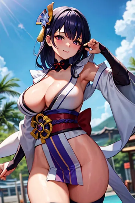 masterpiece, high resolution, best quality, rendered art, beautiful art, well formed fingers and hands, 1 woman, Raiden Shogun, hair ornament ,adult, grown up, 31 years old, large and round breasted, cleavage, full body, wearing a Iroha Samurai Spirits cos...